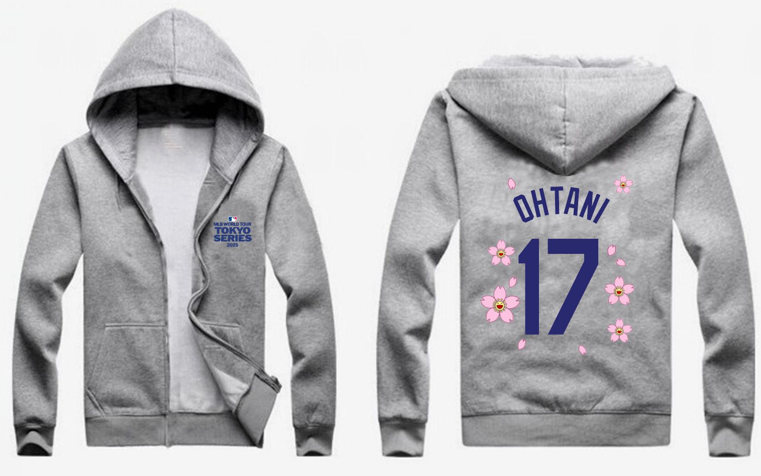 Men Los Angeles Dodgers 17 Ohtani Grey Zipper hoodie 2025 MLB Jersey style 1